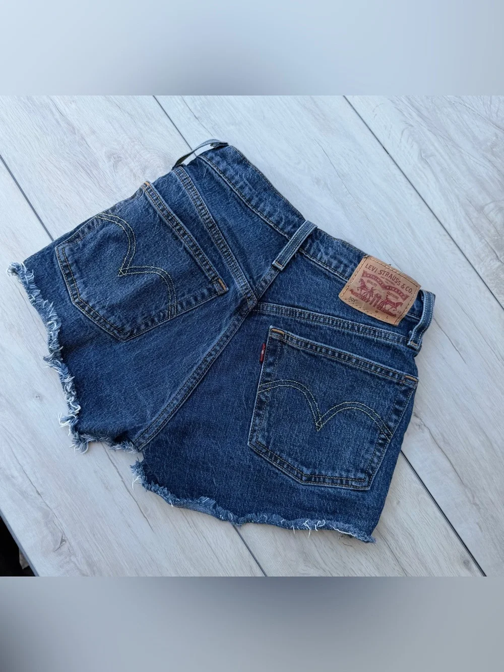 Levi's 501 Button Fly High Rise Dark Blue Indigo Distressed Denim Cutoff Shorts - Picture 2 of 11